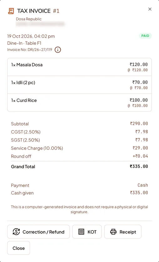 Tax invoice with invoice number DR/26-27/119, three dishes, CGST 2.50% and SGST 2.50% rows, a 10% service charge row and the grand total.
